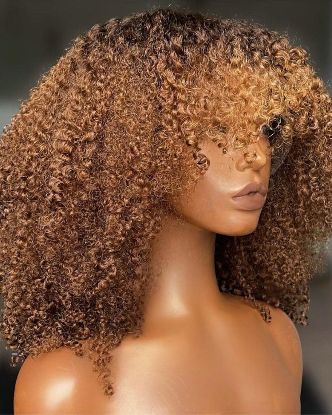 Glueless Brown With Blonde Highlight Curly Wig With Bang