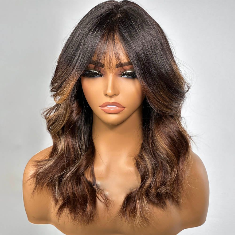 Ombre Chestnut Brown Layered Curtain Bangs 5x5 Lace Closure Body Wave Wig