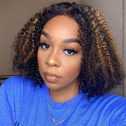 Blonde Highlight Afro Curls Glueless 5x5 Closure Lace Edges Wig