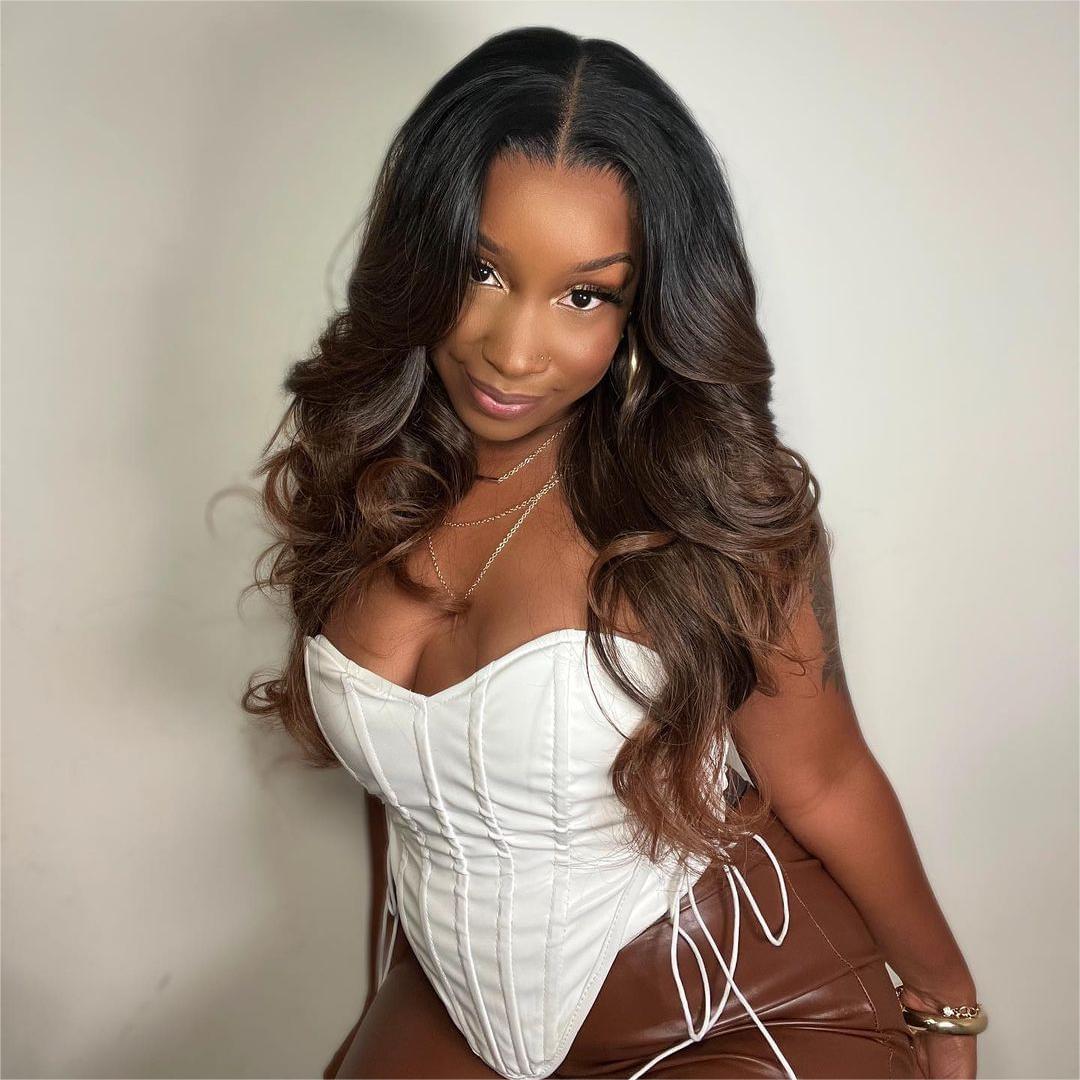 Black Roots Ombre Brown Layered Wavy Lace Front Wig