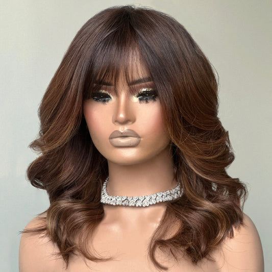 Natural Ombre Chestnut Brown Wavy 13x4 Lace Front Wig With Bangs