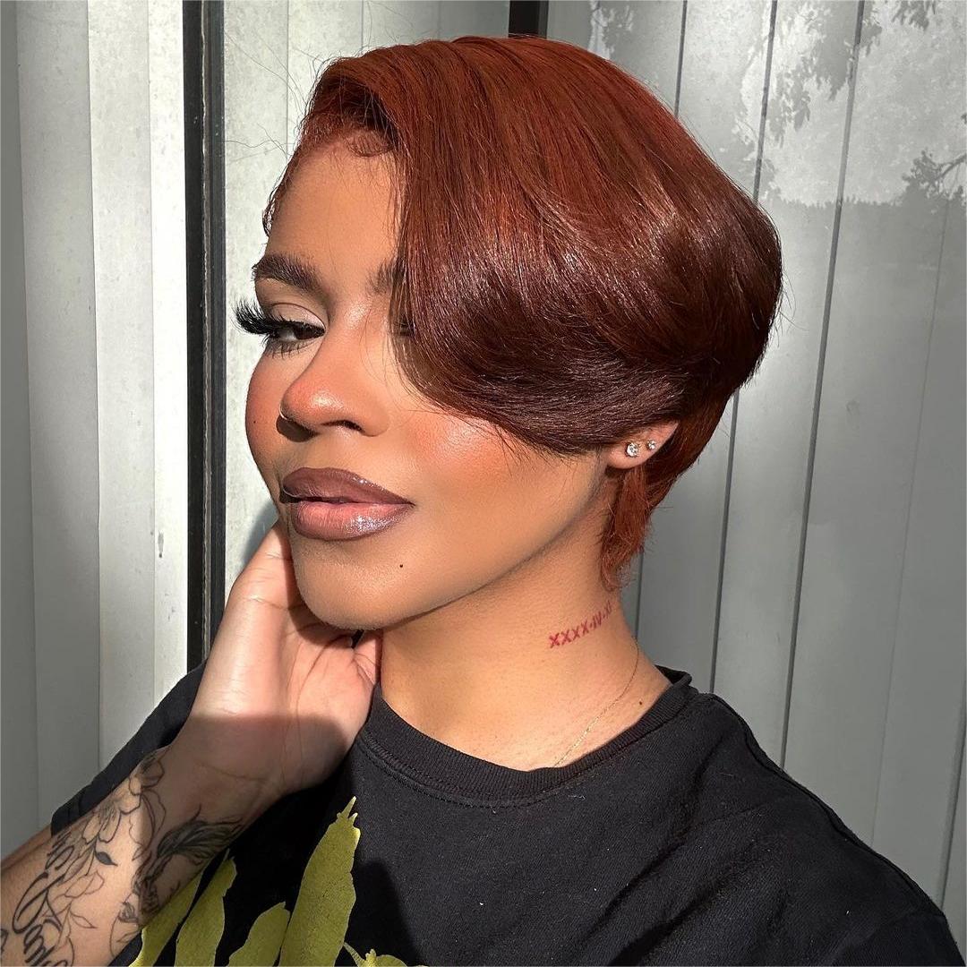 13x4 Lace Frontal Red Brown Pixie Cut Side Long Bangs Wig