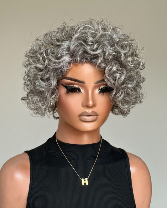 Glueless Salt & Pepper Color Curly Bob Wig