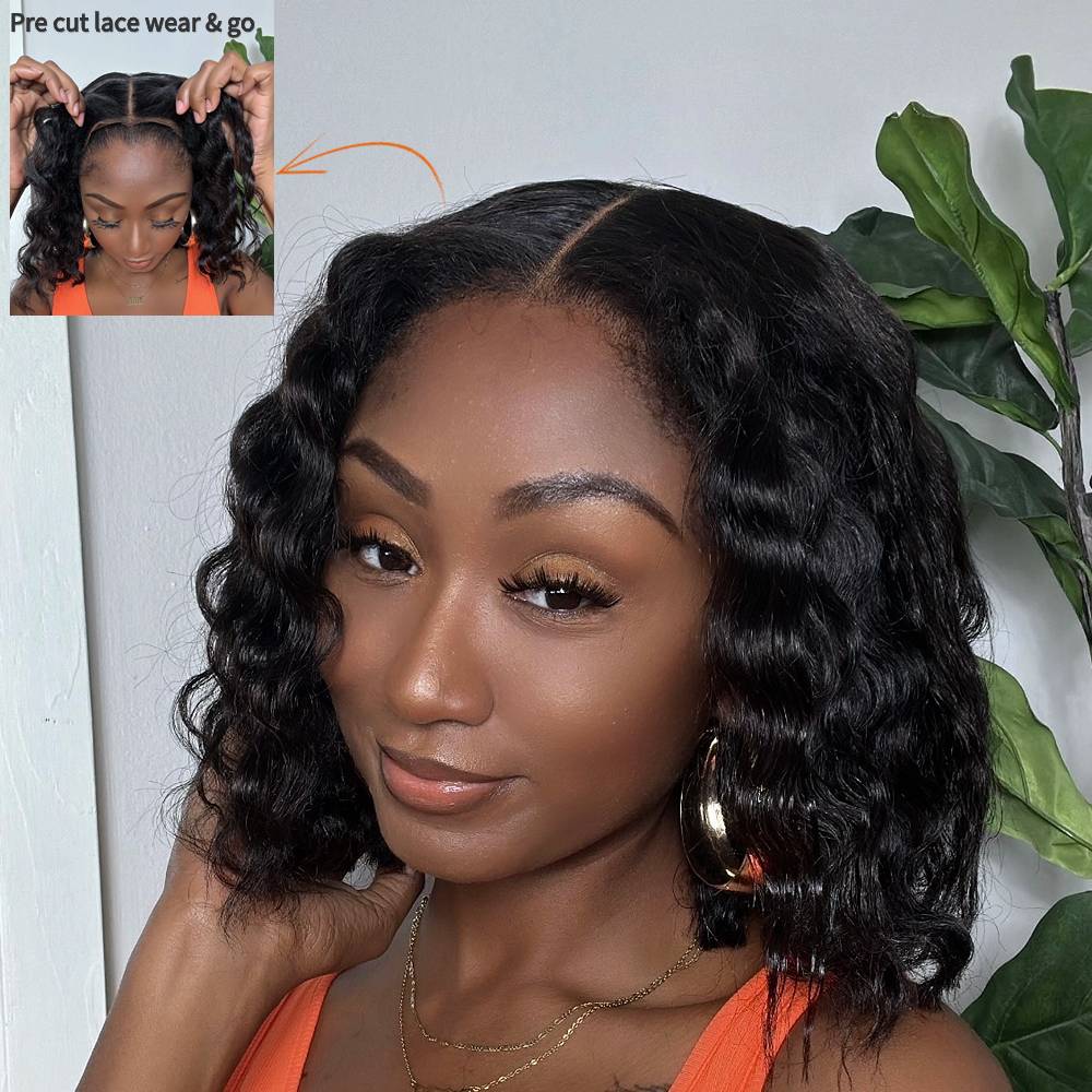 Short Wavy Kinky Edges Bob 5x5 Precut HD Lace Wig