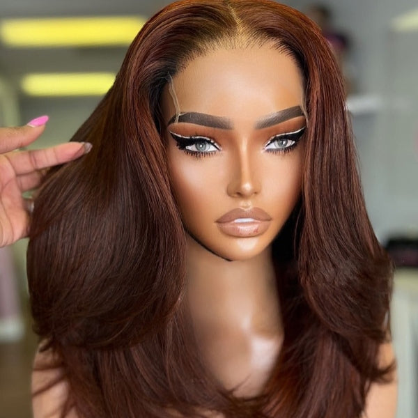 Middle Part Layered Soft Wavy Auburn Brown Lace Front Wig