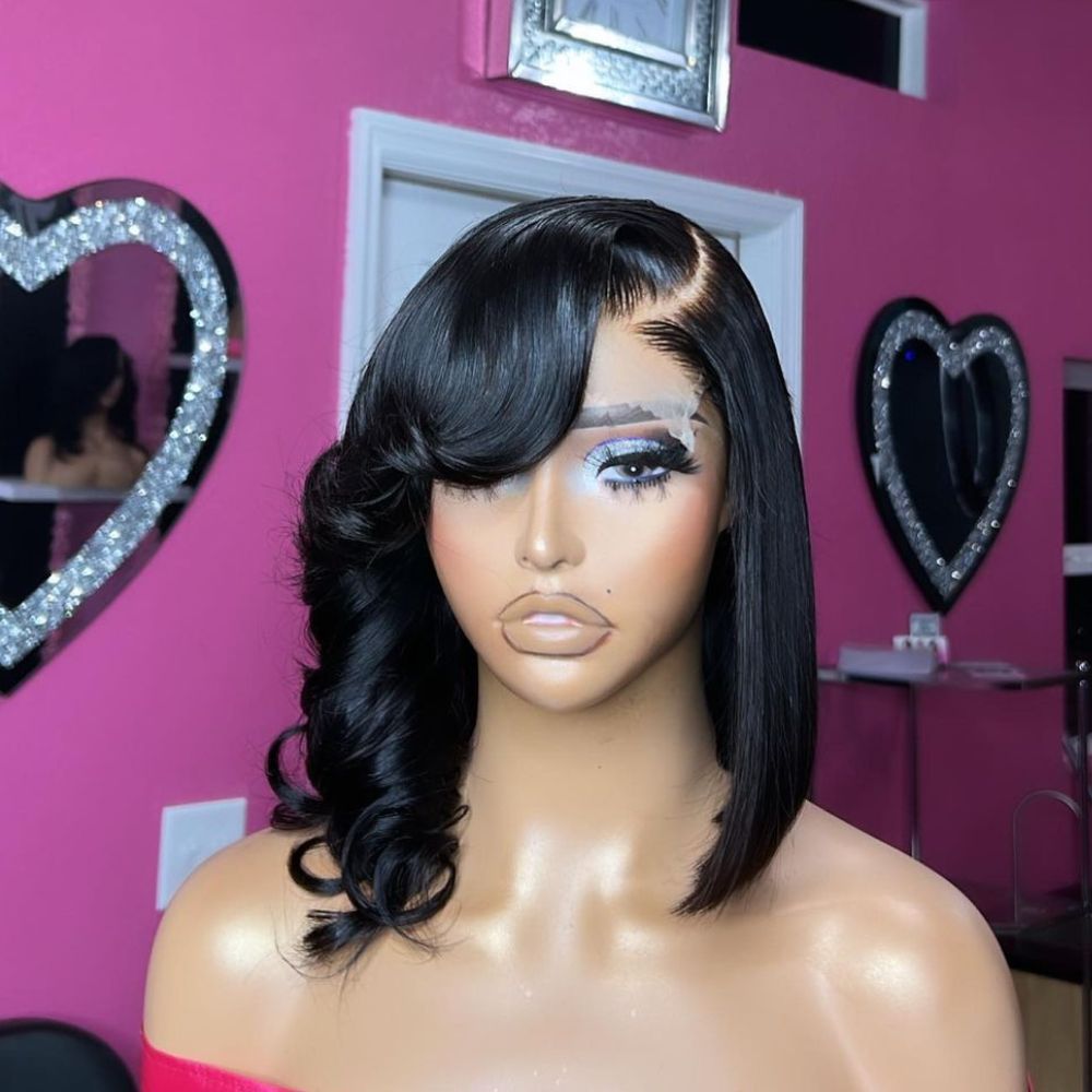 Shoulder Length Wavy Layered Cut Bob 5x5 Closure Wig with Side Bangs