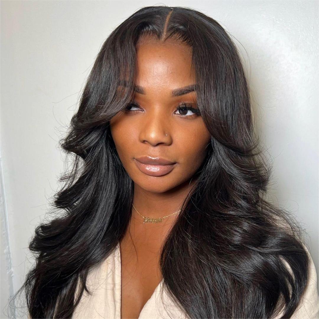 Curtain Bangs Layers Waves 5x5 Lace Closure Wig