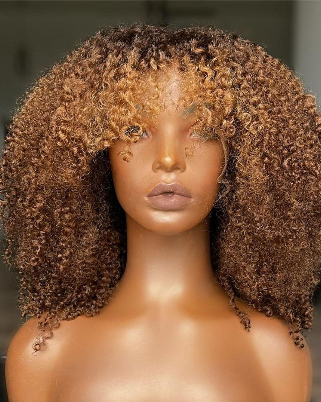 Glueless Brown With Blonde Highlight Curly Wig With Bang