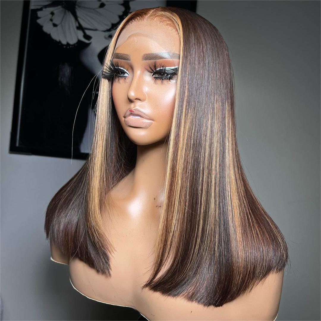 5x5 lace closure brown highlights straight hair wig