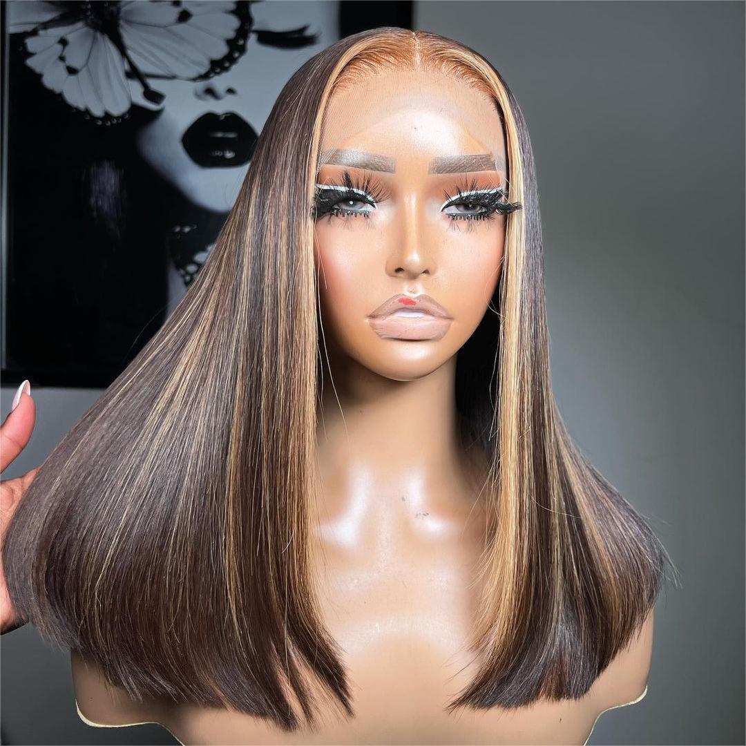 5x5 lace closure brown highlights straight hair wig