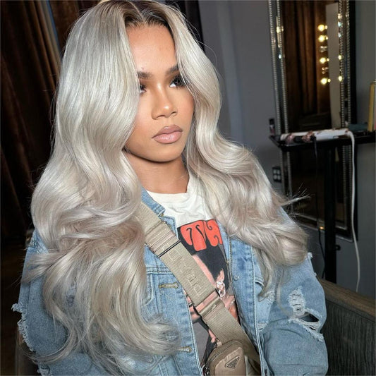 Ombre Ash Blonde Wavy Closure Wig With Dark Root 100% Human Hair