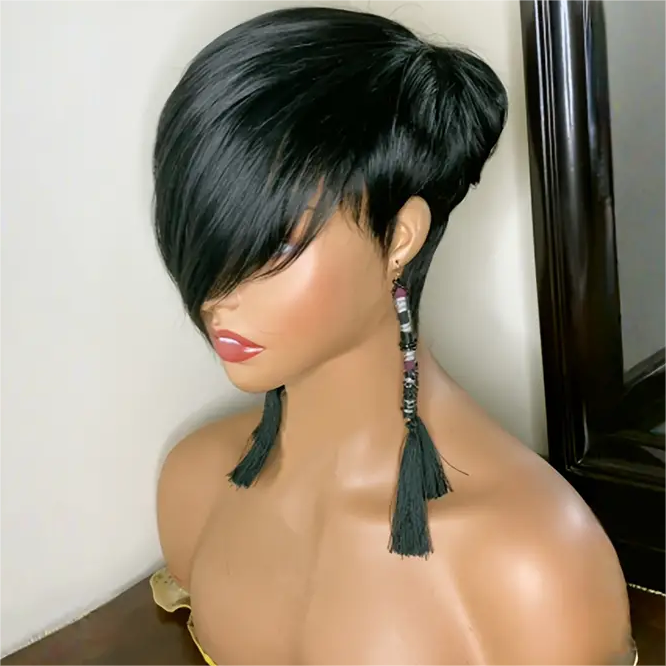 Short Pixie Cut Glueless Human Hair Long Bangs Wig