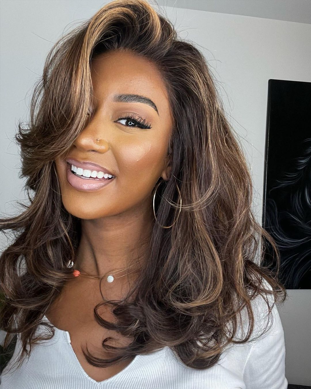 Layered Dark Brown with Blonde Highlights Wavy Lace Front Wig Human Hair