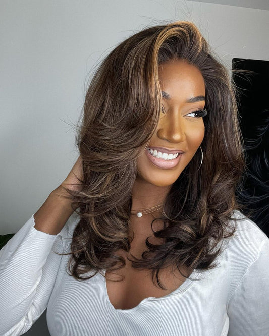 Layered Dark Brown with Blonde Highlights Wavy Lace Front Wig Human Hair