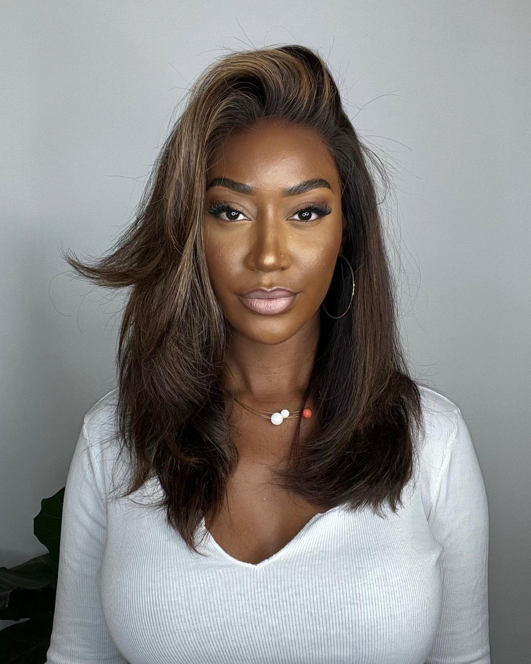 Layered Dark Brown with Blonde Highlights Wavy Lace Front Wig Human Hair