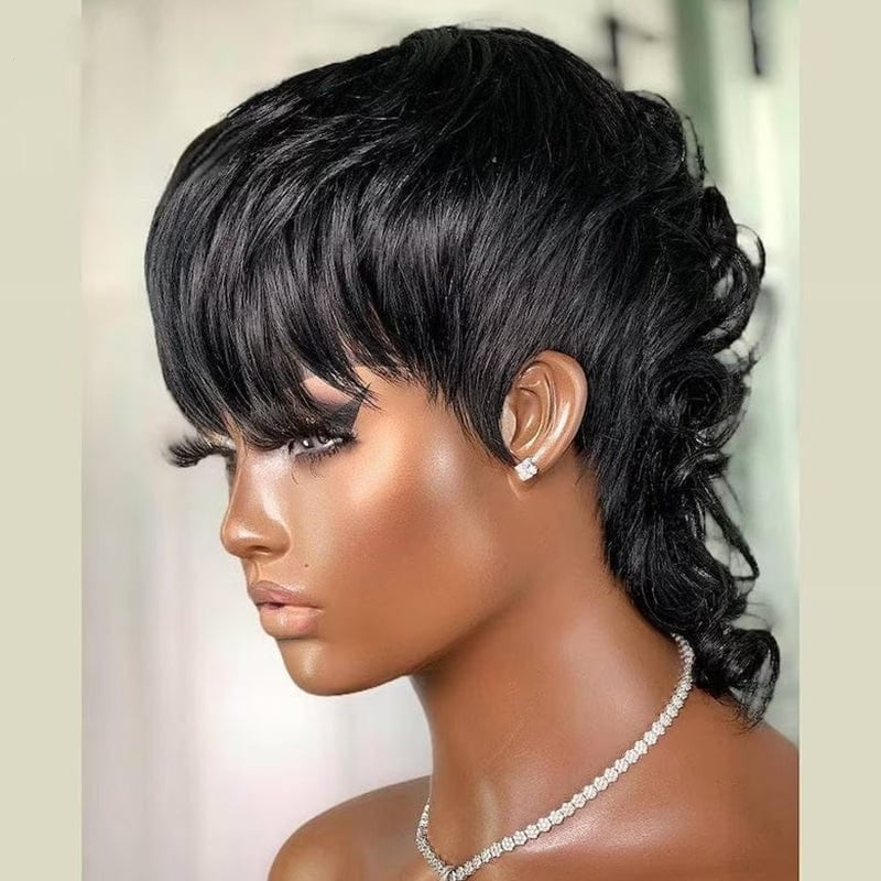 Mullet Pixie Cut Glueless Bang Wig