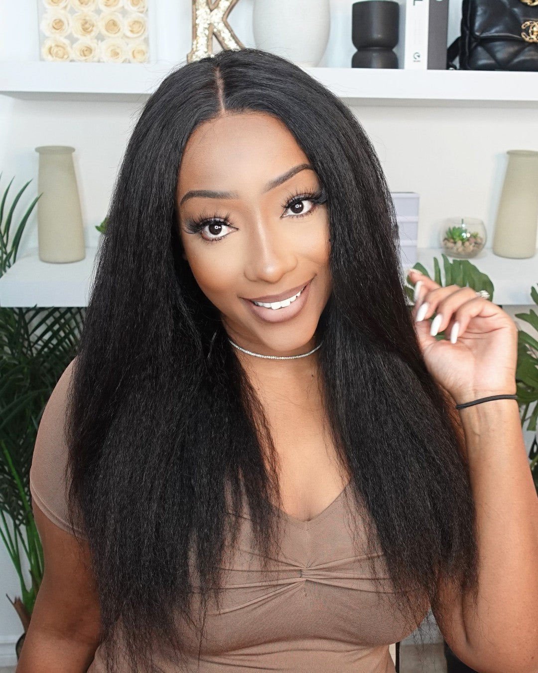 Natural Kinky Straight Glueless Lace Closure Half Wig