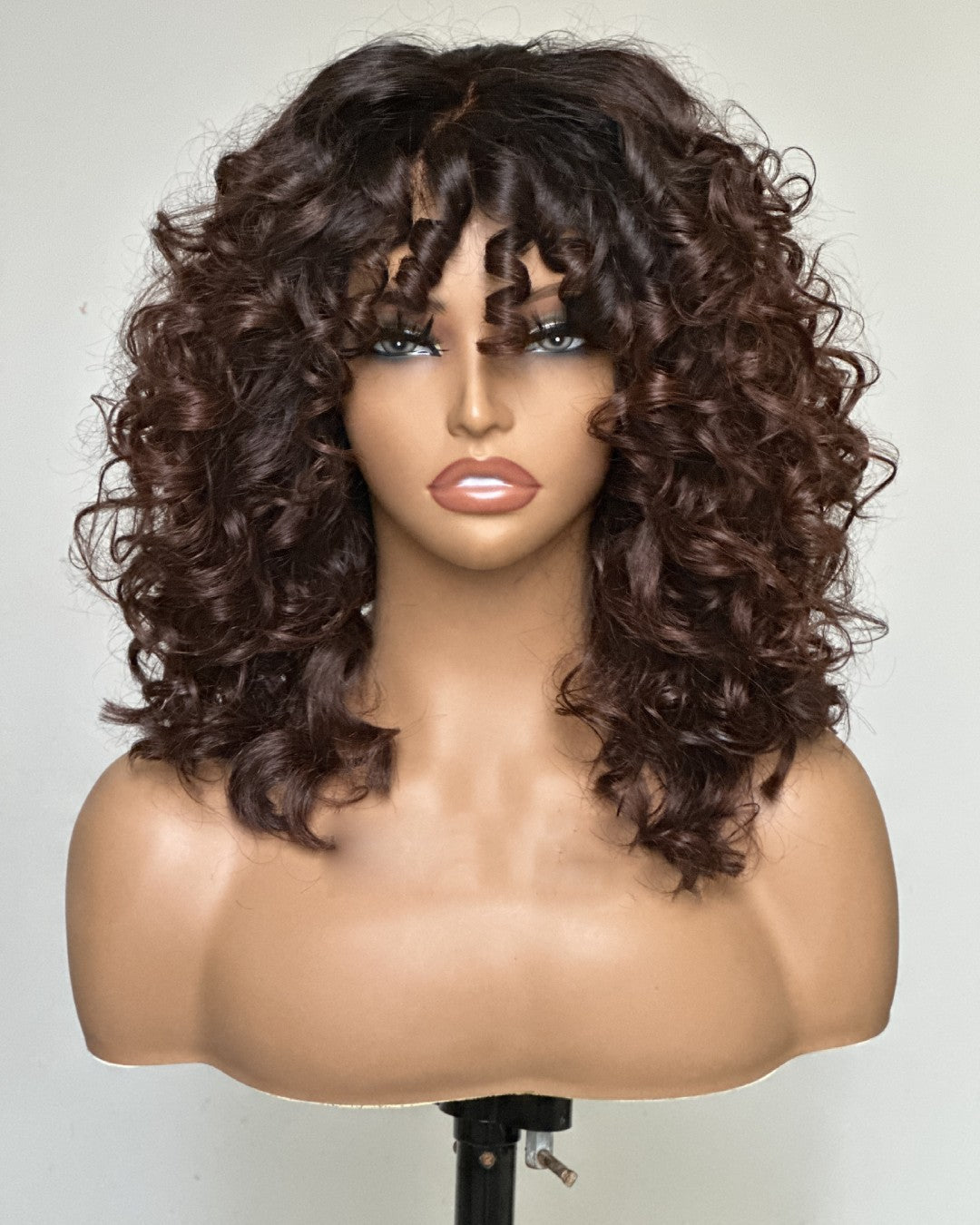 Light Brown Black Hair Root Glueless Curly Bang Wig