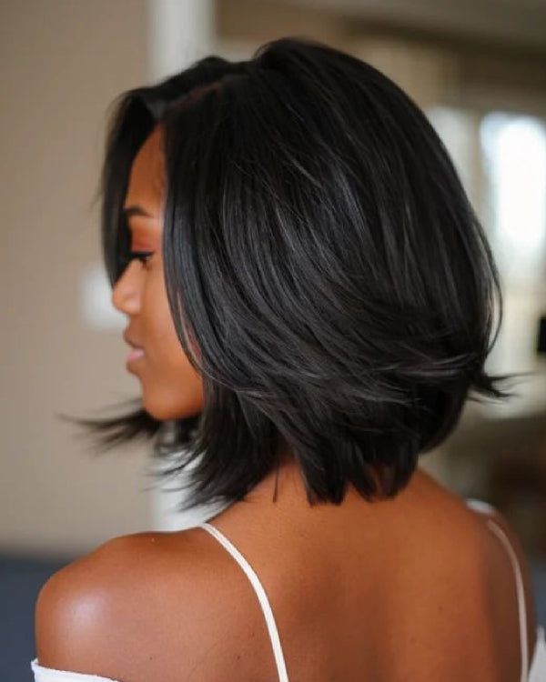 Chic Natural Black Layered Cut Bob Lace Closure Wig