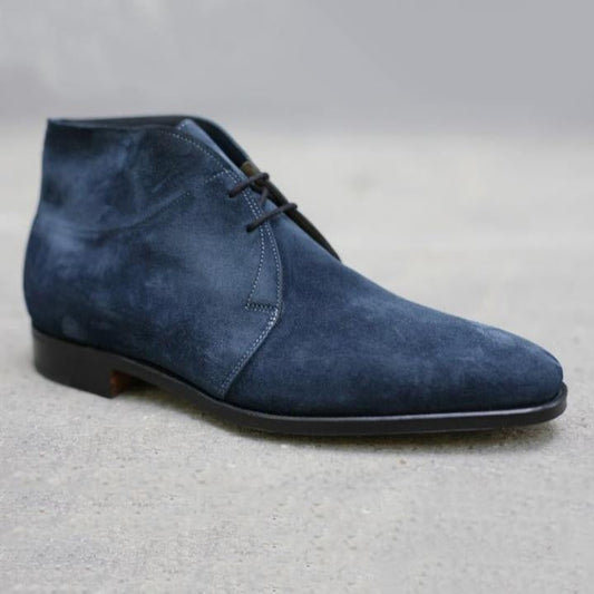 Handmade Navy Blue Suede Chukka Lace Up Men's Ankle Boot