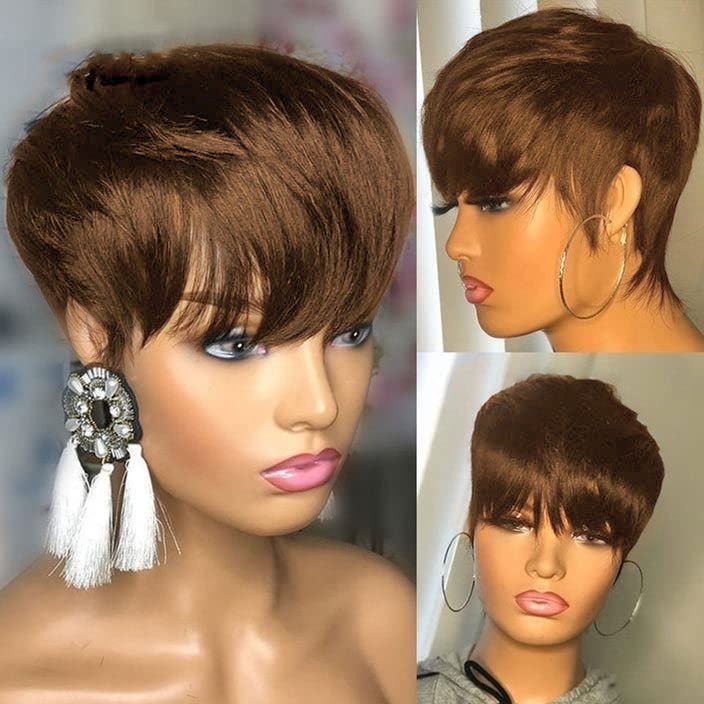 Brown Color Pixie Cut Layered Glueless Human Hair Wig With Bang