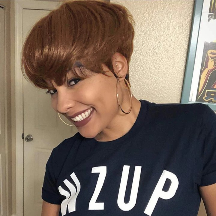 Brown Color Pixie Cut Layered Glueless Human Hair Wig With Bang